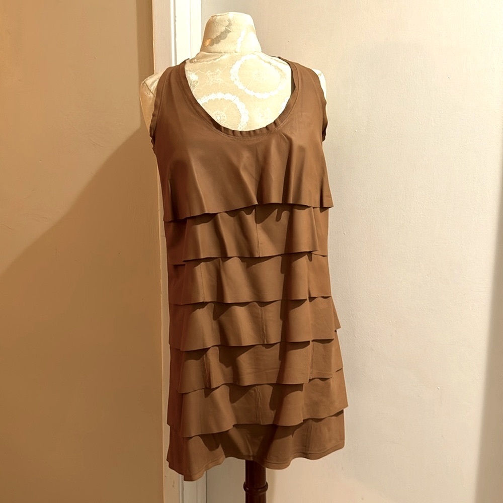Zara Leather Tiered Camel Tan Layered Pullover Chic Midi Mini Dress